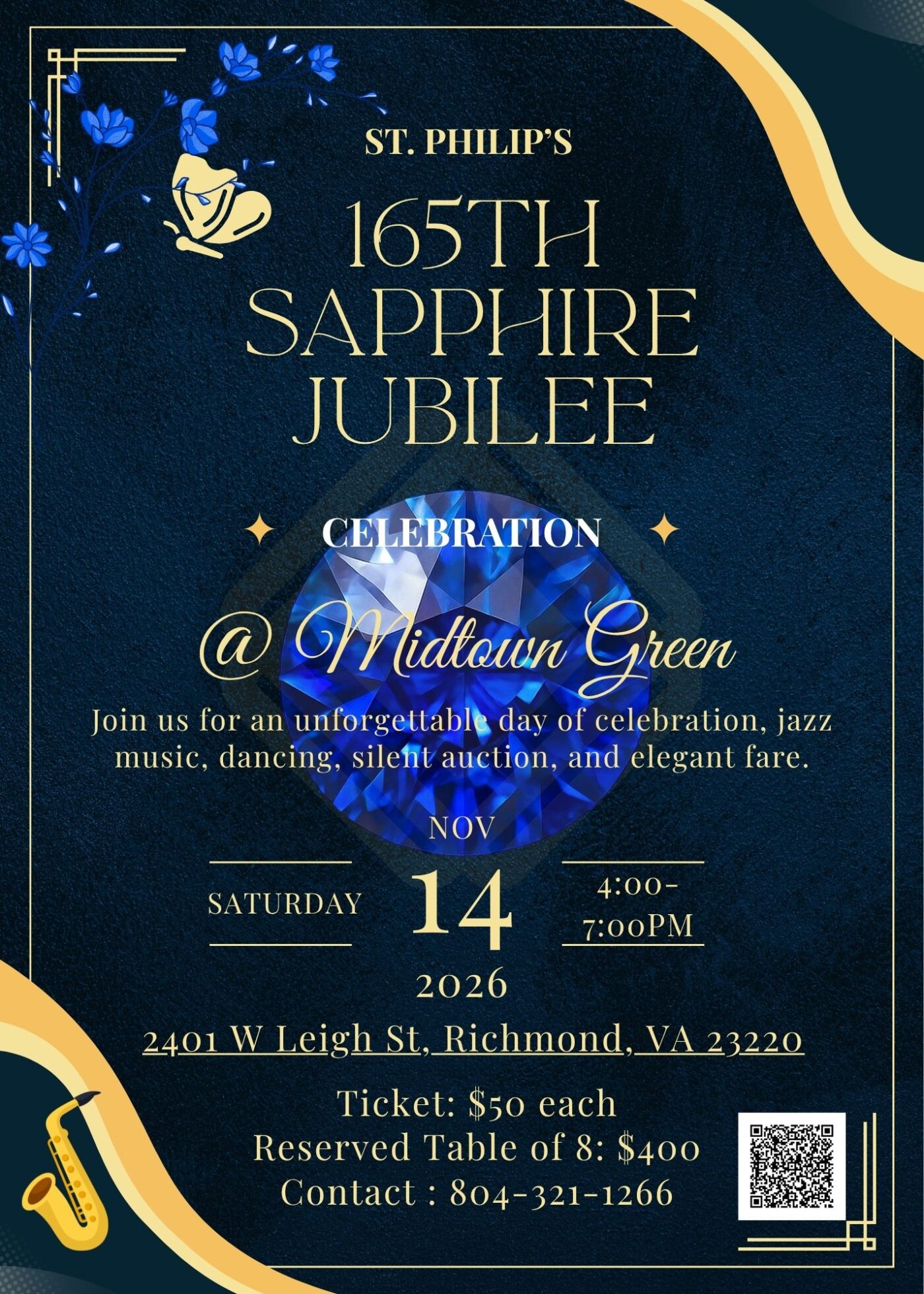 St. Philip’s 165th Sapphire Jubilee Gala on November 14, 2026, at Midtown Green in Richmond