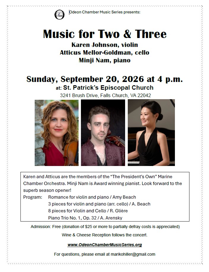 Flyer for Chamber Music for Two & Three at Saint Patricks Episcopal Church