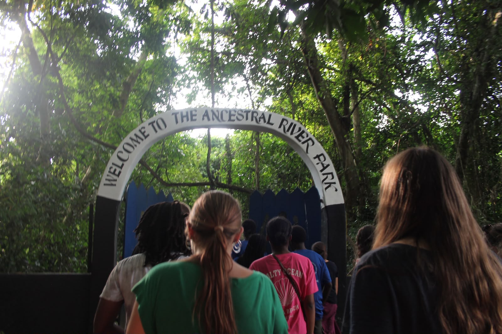 Youth pilgrims enter the Ancestral River Park in Ghana