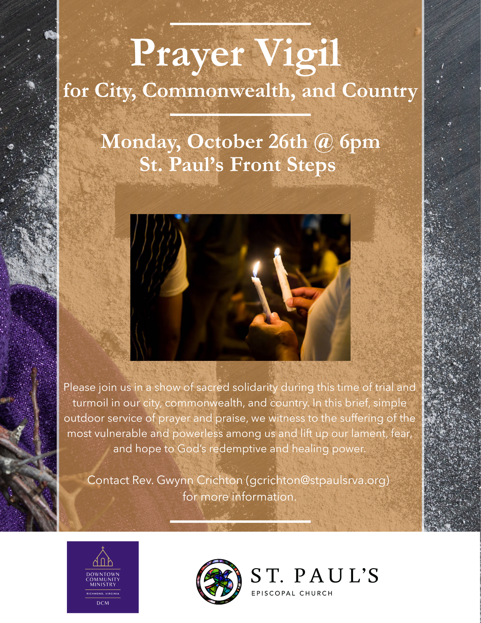 Prayer Vigil for City, Commonwealth, and Country, Monday October 26 at 6 p.m. on St. Paul's front steps